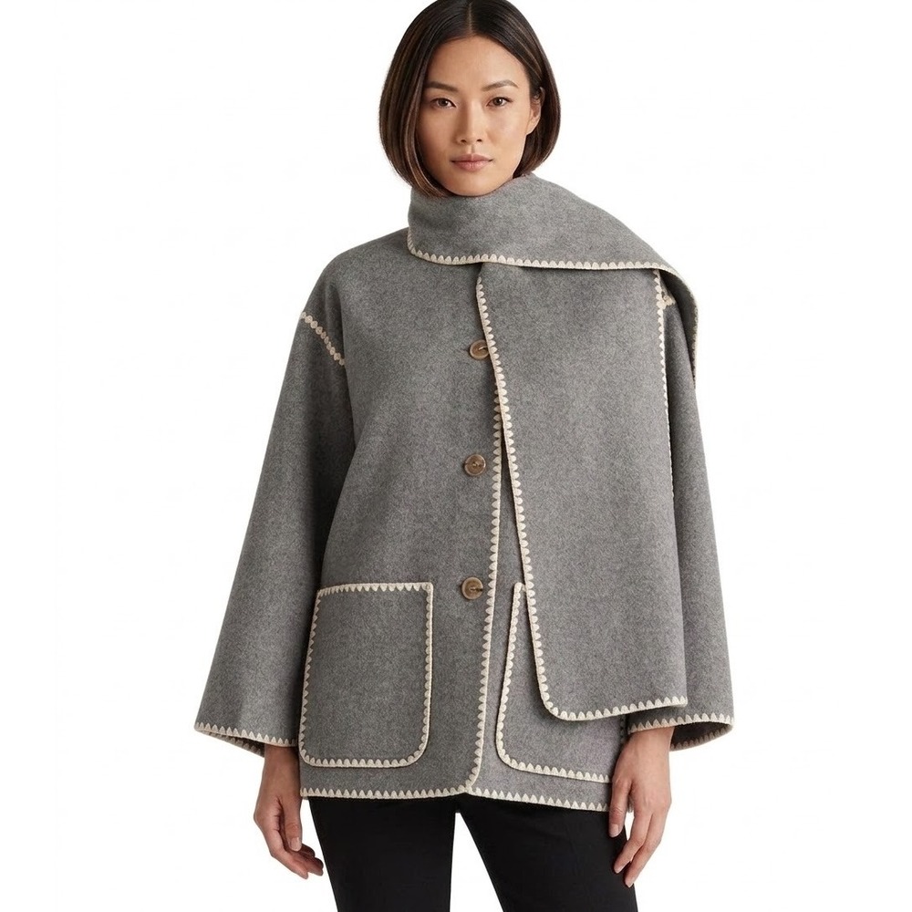Marc New York Andrew Marc Grey Blanket Stitch Scarf Cape Jacket Coat Scandi S